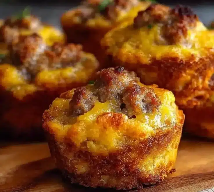 Savory sausage breakfast muffins fresh out of the oven, golden and fluffy.