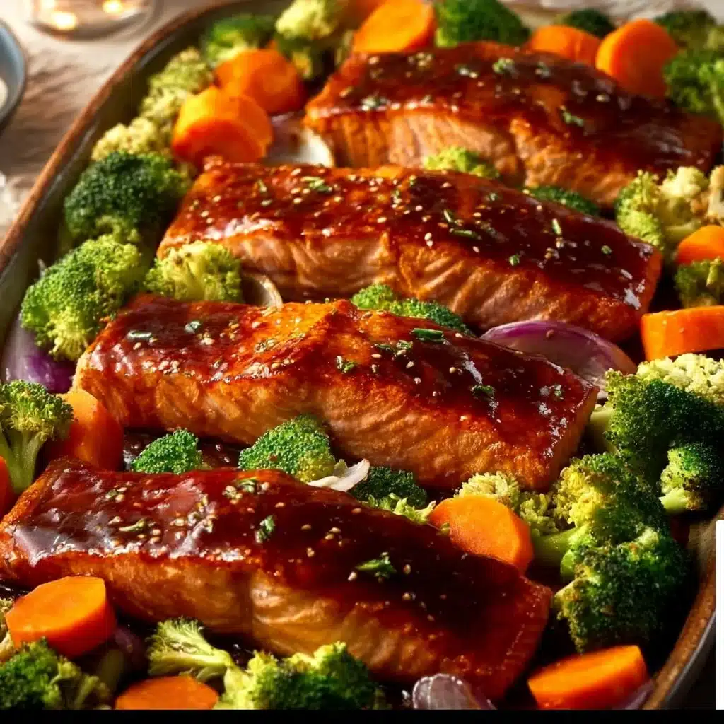 Sheet pan teriyaki salmon with colorful veggies fresh out of the oven