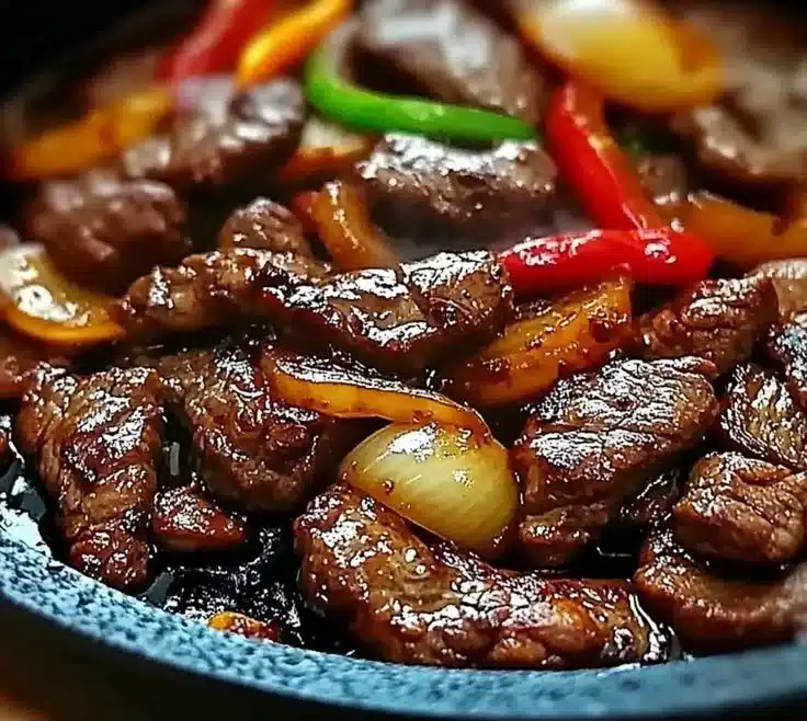 Sizzling Chinese pepper steak with onions served on a plate