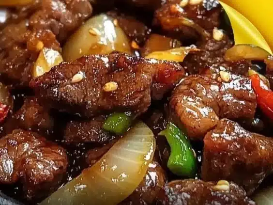 Sizzling Chinese pepper steak dish with onions served on a plate.