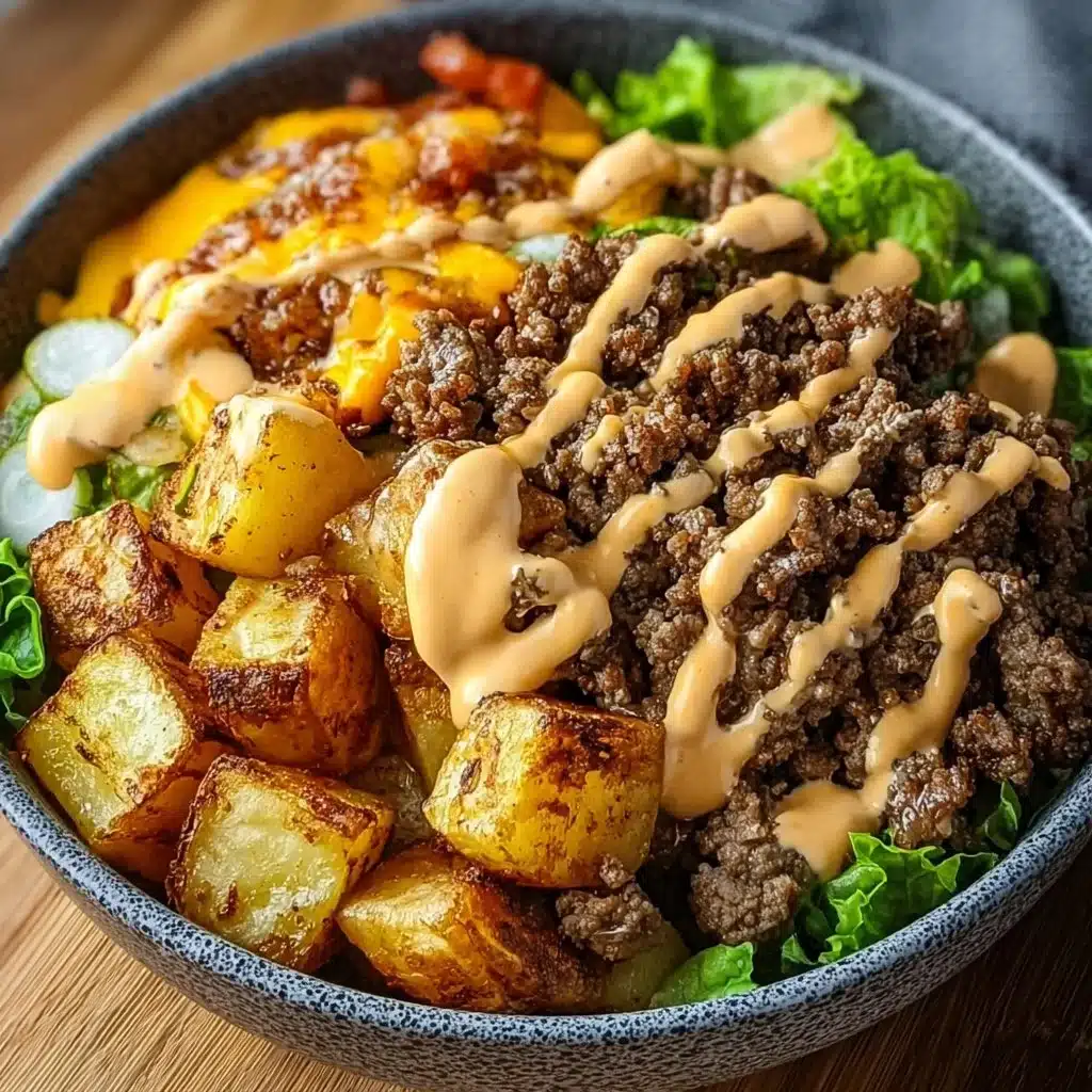 Smash burger bowl with juicy burgers and fresh toppings