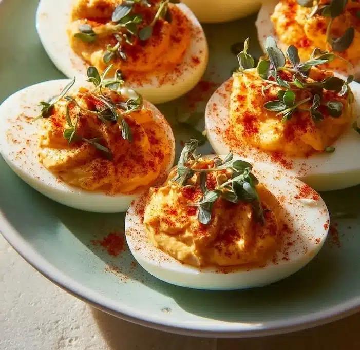 Spicy Sriracha Deviled Eggs garnished with cilantro and spices