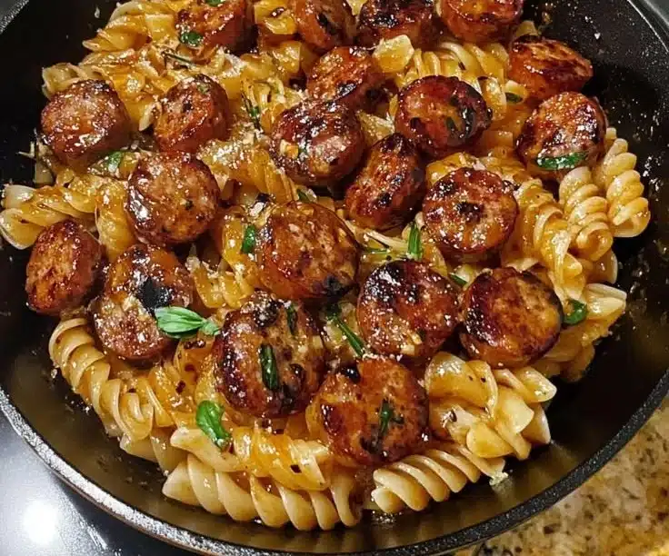 Sticky Honey Garlic Sausage Pasta Skillet