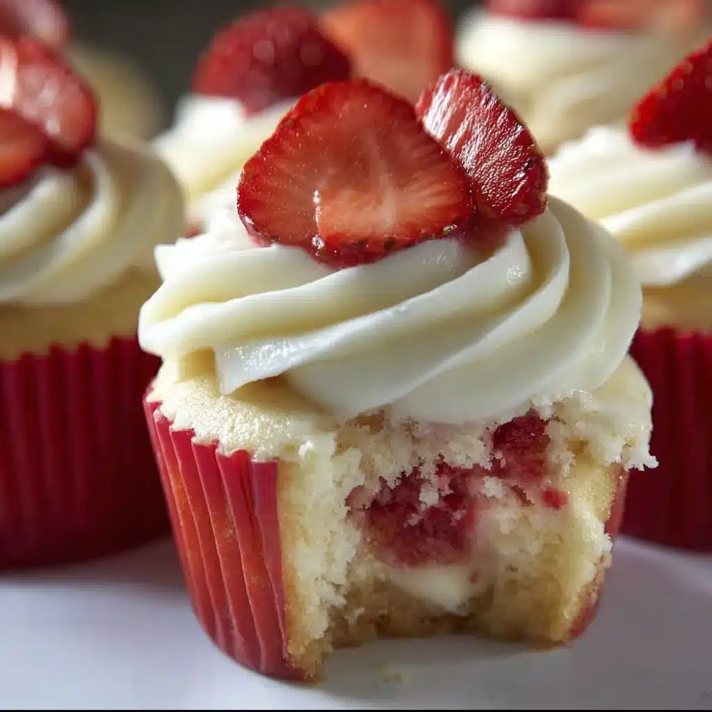 Strawberry cheesecake cupcakes topped with fresh strawberries and whipped cream