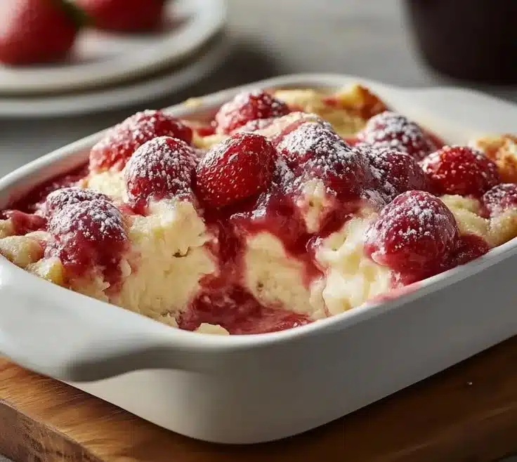 Strawberry Cheesecake Dump Cake ππ° 3 Delicious Strawberry Cheesecake Dump Cake topped with fresh strawberries.