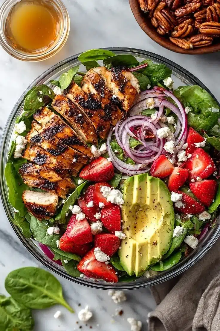 Strawberry spinach salad with chicken and vibrant greens on a plate