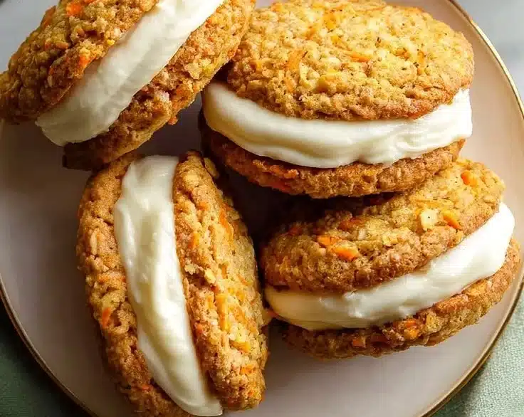 Delicious sweet carrot cake sandwich cookies on a plate