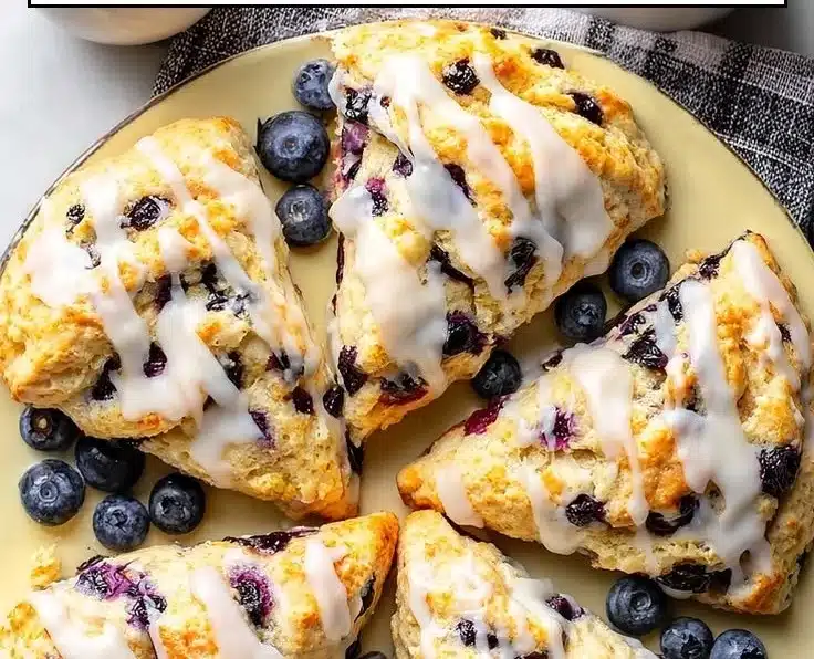 Sweet lemon blueberry sourdough scones on a plate