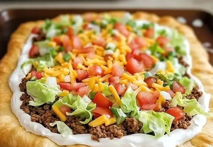 Delicious Taco Pizza appetizer with toppings of cheese, lettuce, and salsa