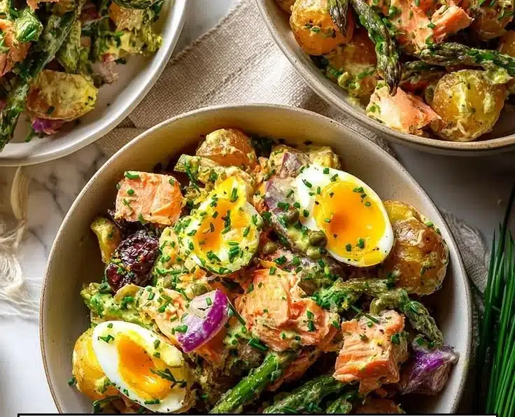 Delicious Salmon Niçoise Smashed Potato Salad with fresh vegetables and dressing.