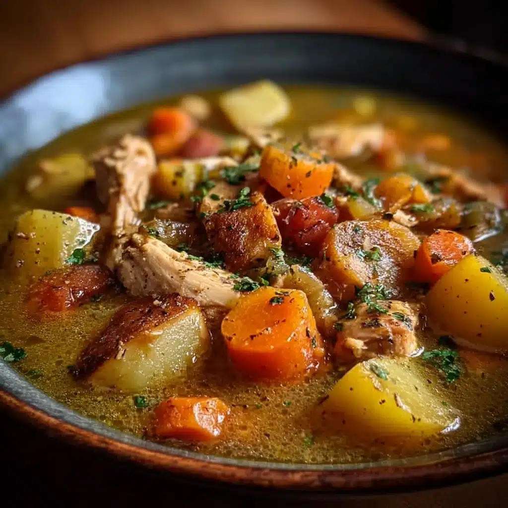 Bowl of tender chicken stew with vegetables and herbs