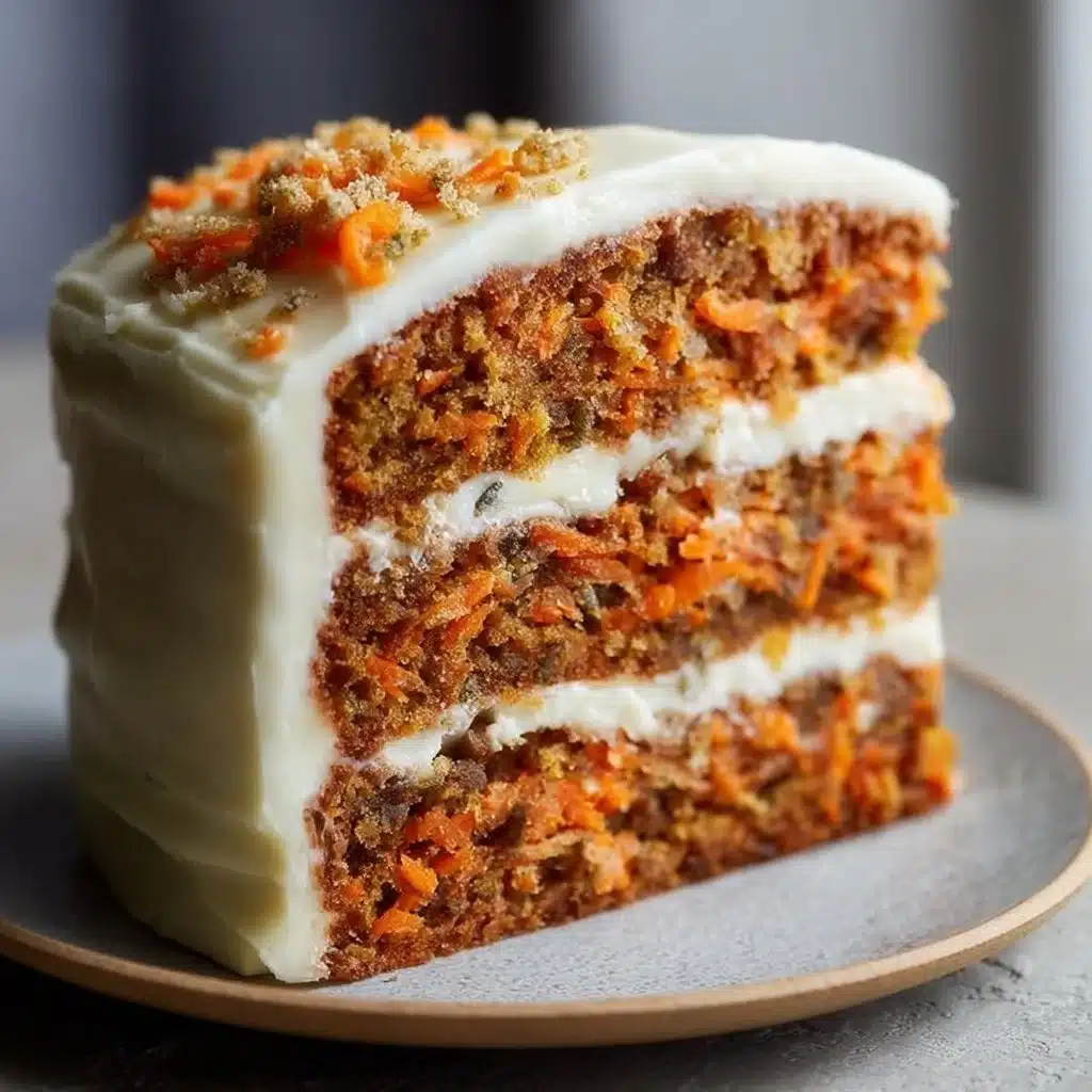 Ultimate carrot cake topped with cream cheese frosting and garnished with walnuts