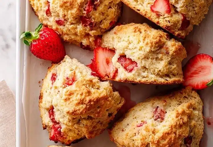 Freshly baked vegan strawberry scones on a serving plate
