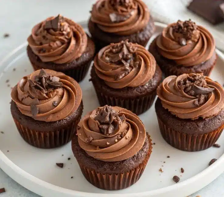 Delicious chocolate cupcakes topped with rich chocolate frosting