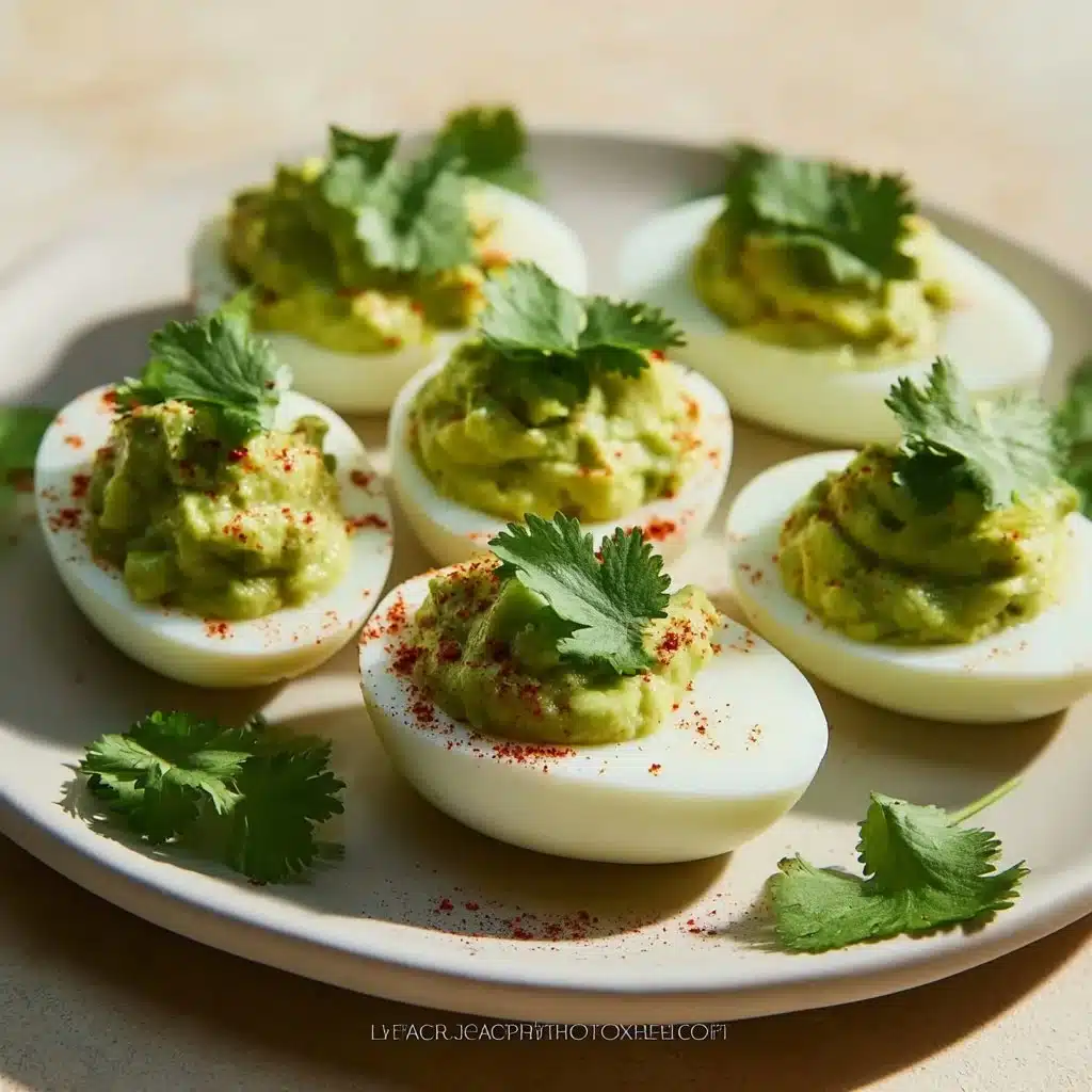 A plate of avocado deviled eggs garnished with herbs
