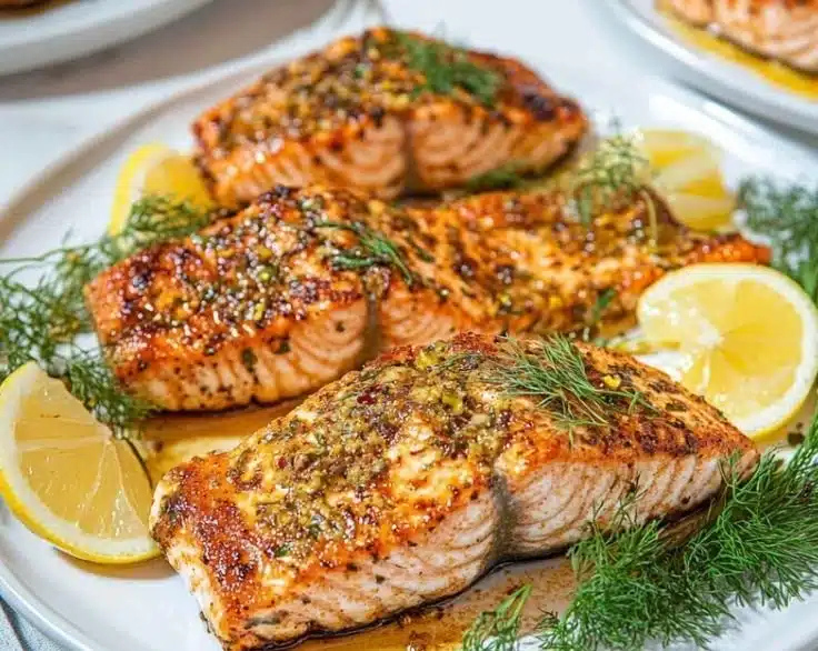 Delicious Baked Dijon Salmon dish served with herbs and lemon