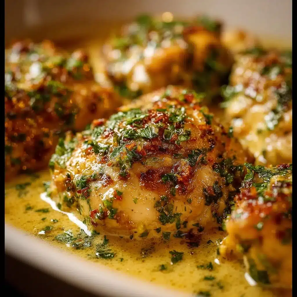 Baked Lemon Butter Chicken garnished with lemon slices and herbs