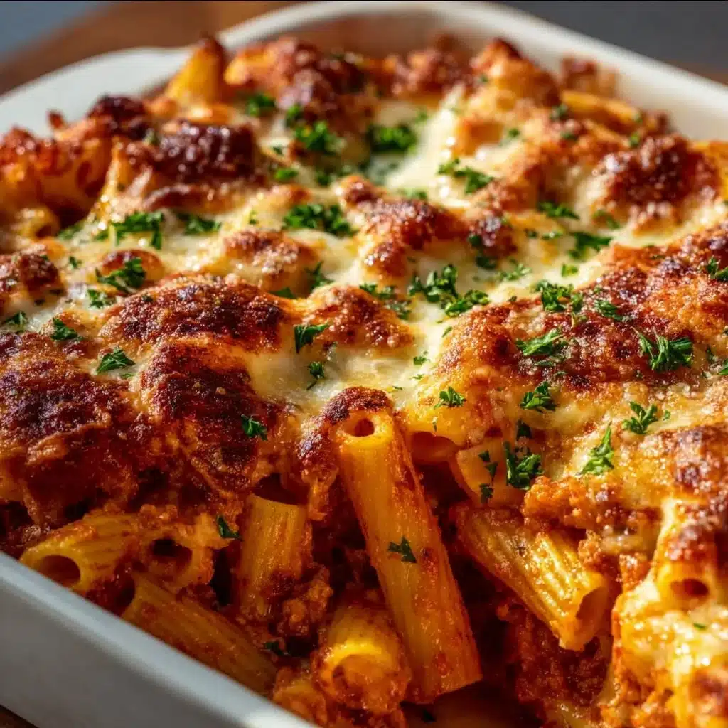 Baked Ziti 3 Delicious baked ziti with melted cheese and marinara sauce in a casserole dish