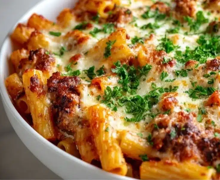 Delicious baked ziti dish with melted cheese and marinara sauce