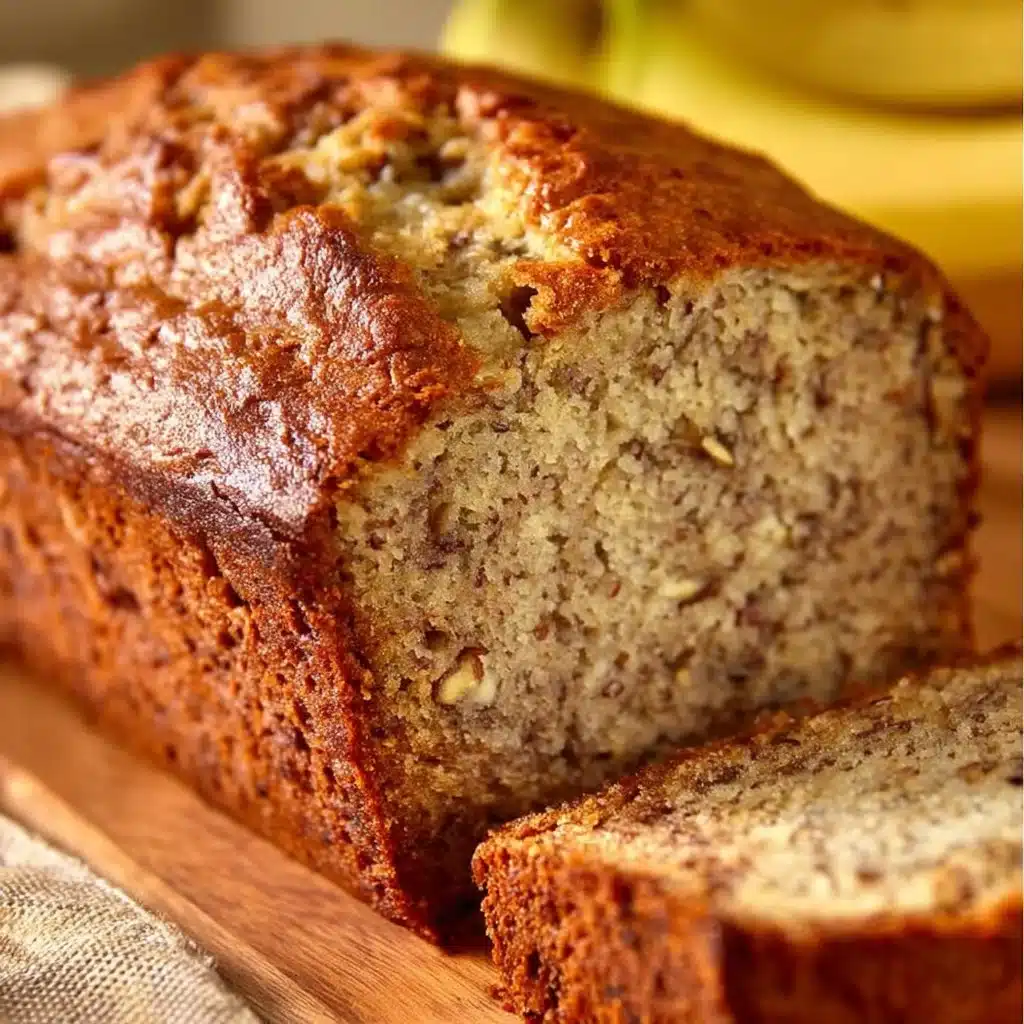 Delicious homemade banana bread with slices on a cutting board