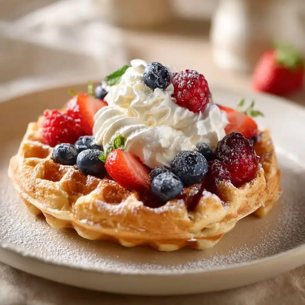 Golden brown Belgian waffle topped with fresh berries and whipped cream