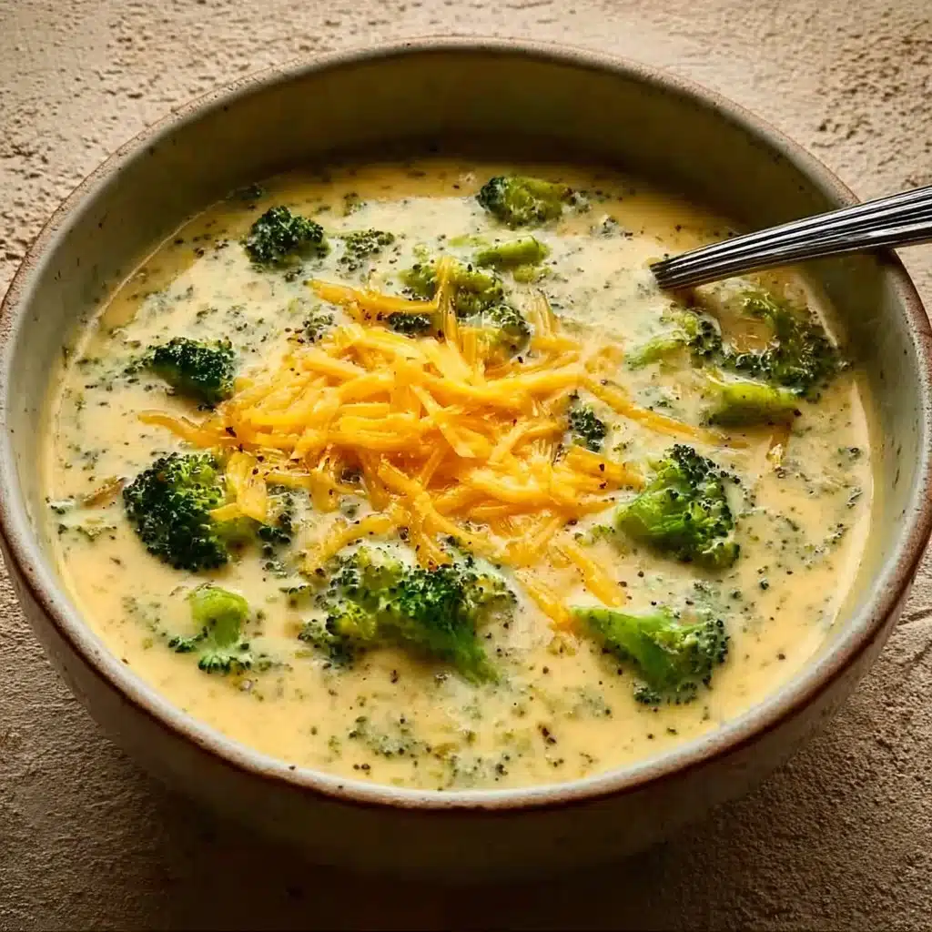 Bowl of creamy broccoli cheddar soup with garnished cheese and broccoli.
