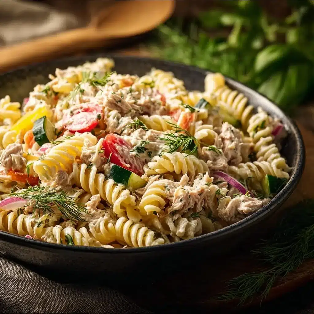 Delicious bowl of the best tuna pasta salad with veggies and dressing