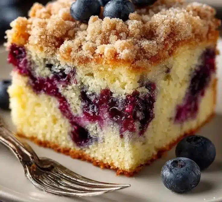 Freshly baked blueberry coffee cake topped with blueberries and a crumbly topping