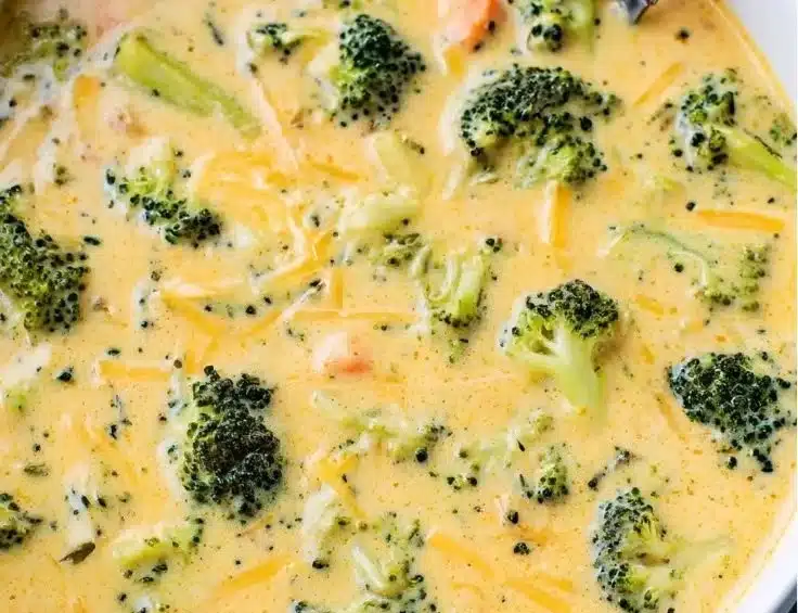 Bowl of creamy broccoli cheddar soup garnished with fresh broccoli and cheese.