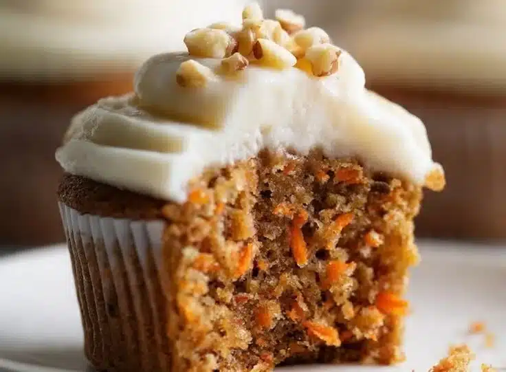 Delicious carrot cake cupcakes with cream cheese frosting on a plate.
