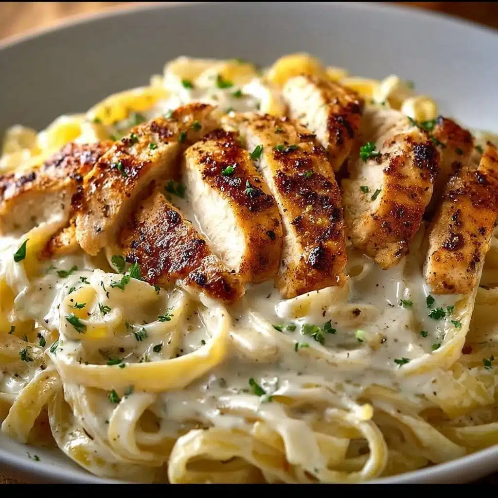 A hearty plate of Chicken Alfredo pasta garnished with parsley and parmesan cheese.