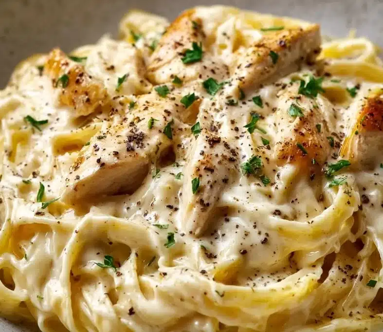Chicken Alfredo Pasta 3 Creamy Chicken Alfredo Pasta served with parsley garnish