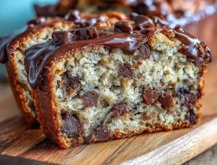 Sliced chocolate chip protein banana bread on a wooden cutting board