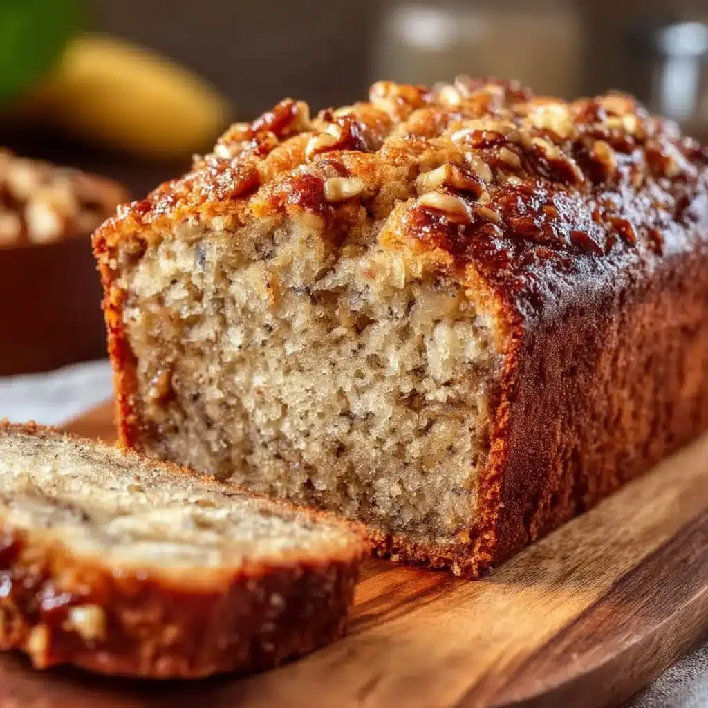 Loaf of classic banana bread with slices cut on a wooden board