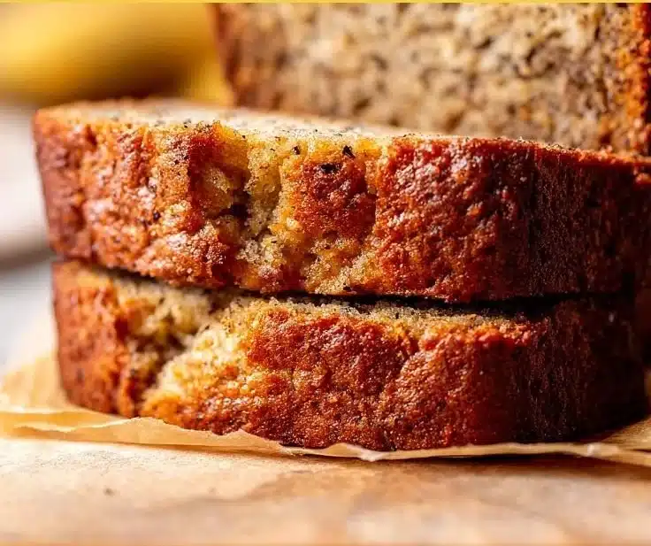 Freshly baked classic banana bread with ripe bananas