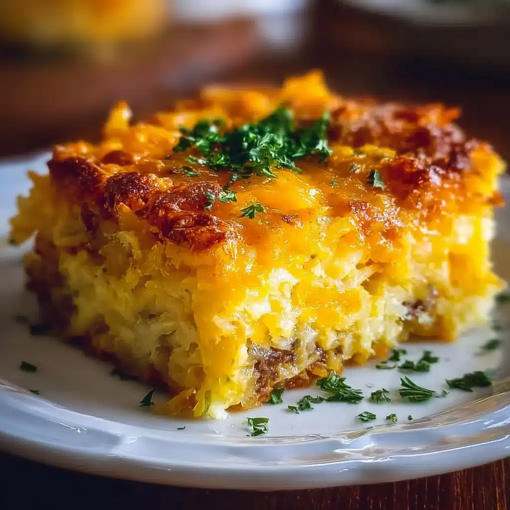 Classic Breakfast Hashbrown Casserole with crispy potatoes, eggs, and cheese