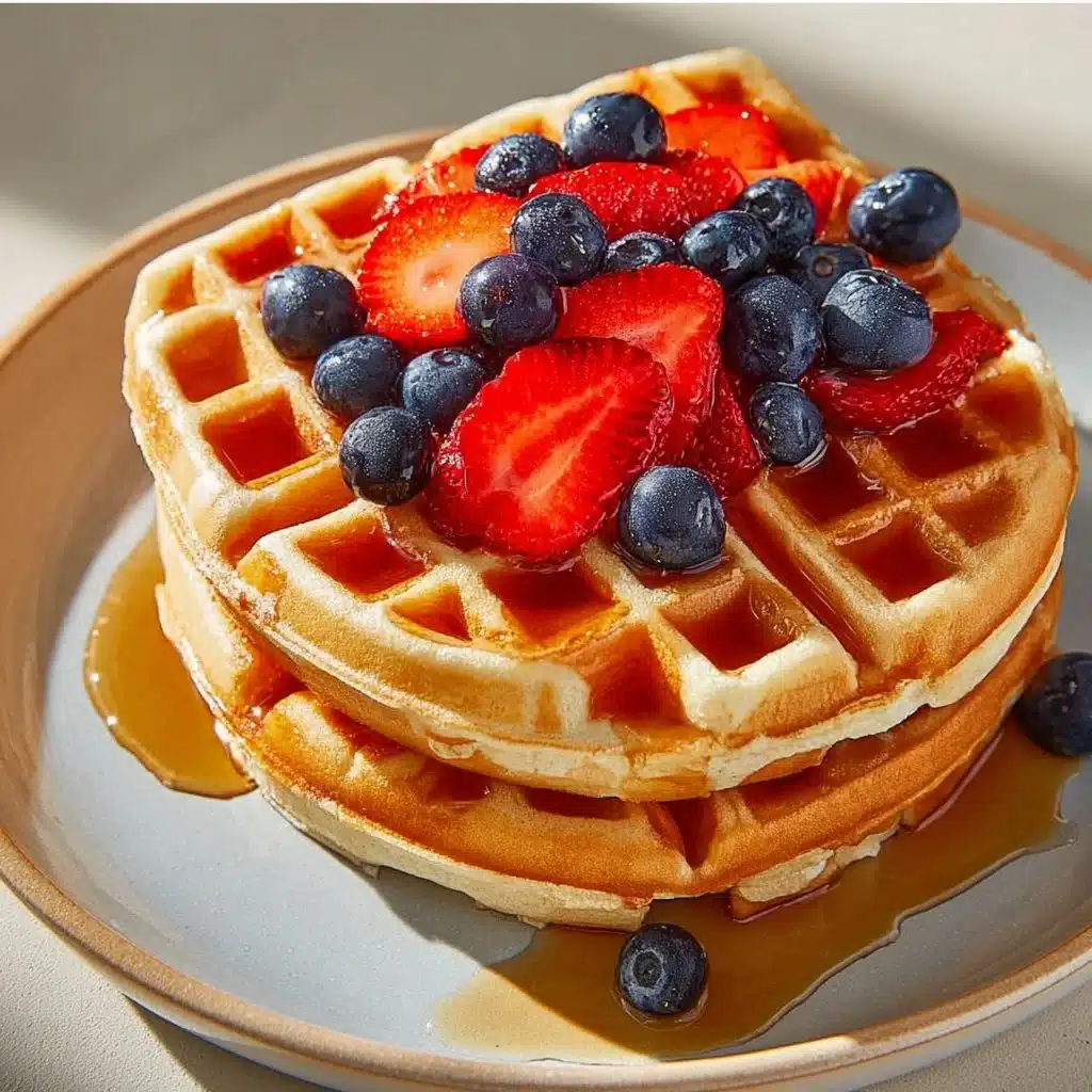 Fluffy classic buttermilk waffles served with syrup and berries