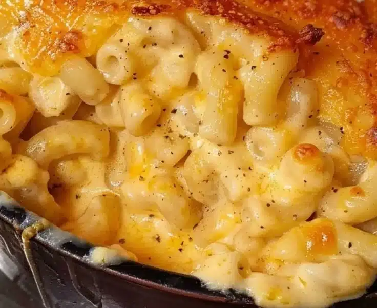 Bowl of classic creamy mac and cheese topped with breadcrumbs and cheese