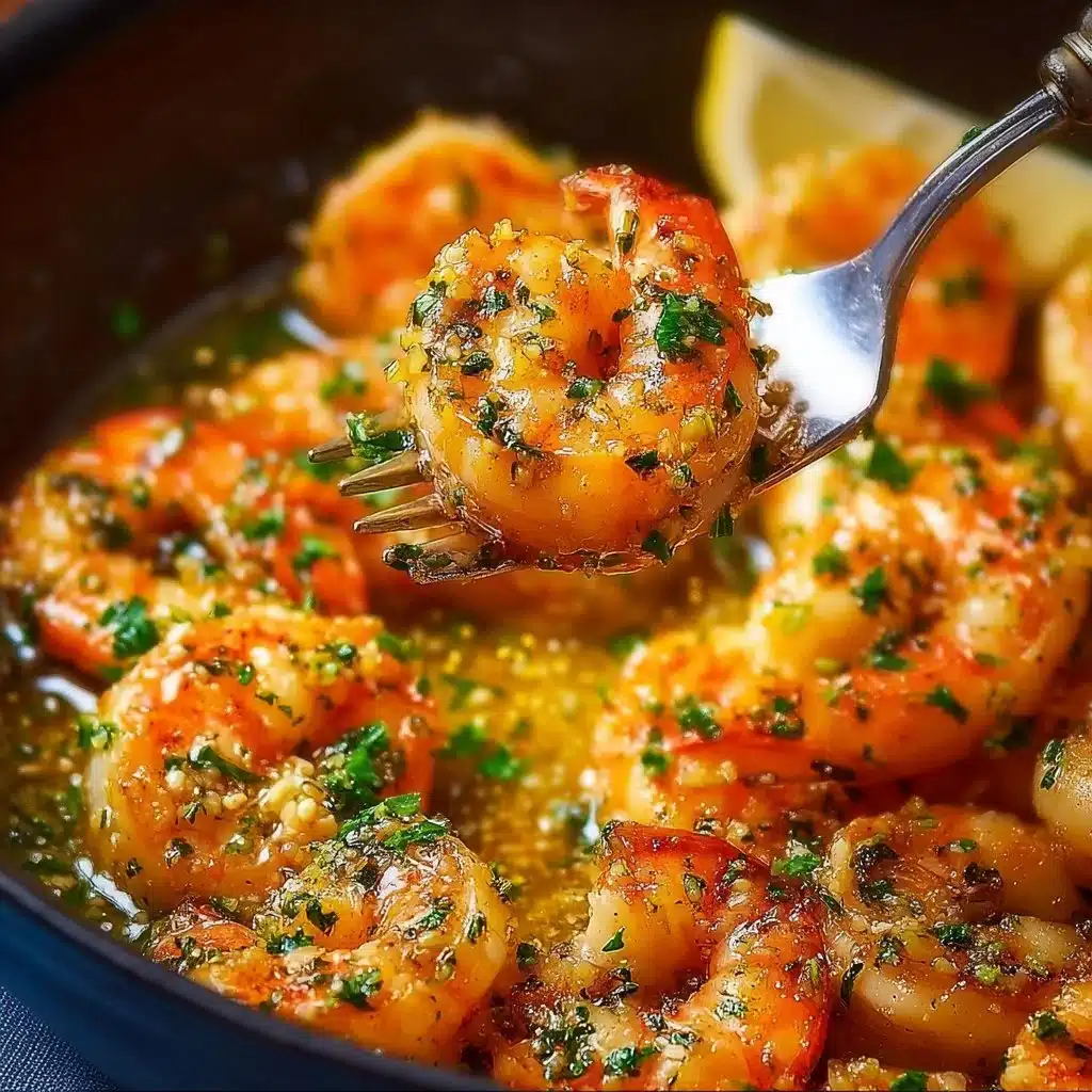 Plate of classic garlic butter shrimp scampi garnished with parsley