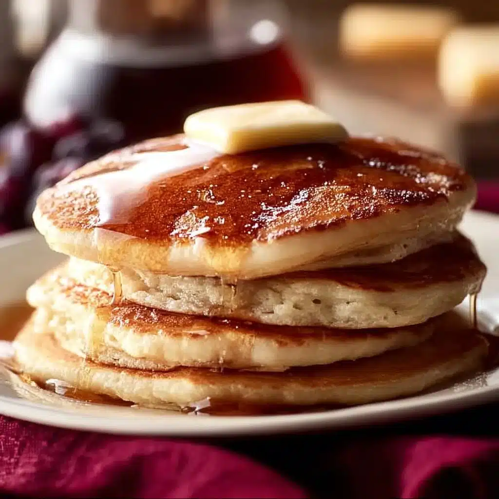 Stack of classic pancakes served with syrup and berries on a plate.