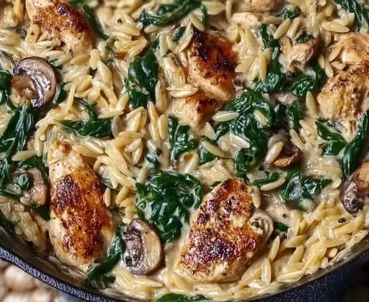 Creamy chicken orzo dish with spinach served in a bowl