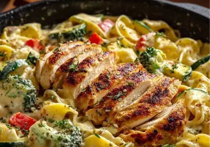 Creamy Chicken Pasta Primavera with vegetables in a bowl