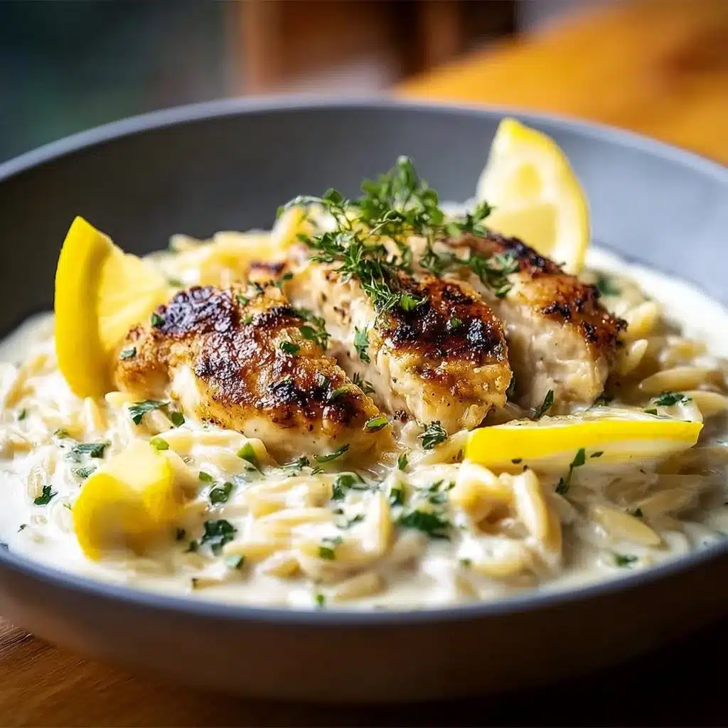 Creamy lemon chicken orzo dish garnished with herbs and lemon slices