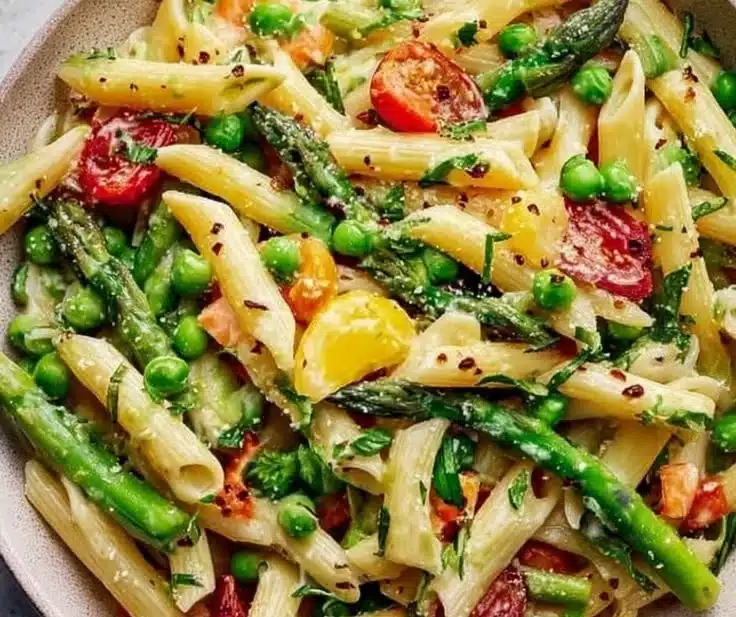 Creamy pasta primavera with fresh vegetables in a bowl