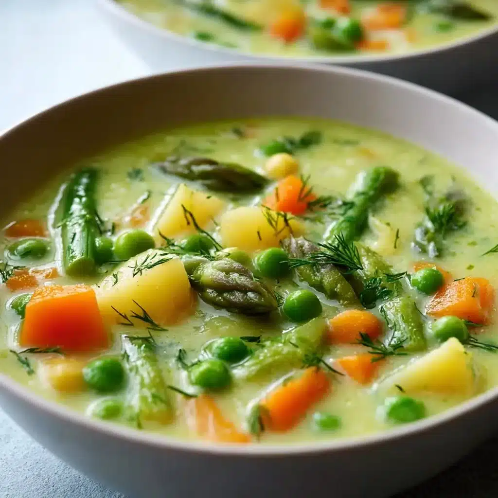 A bowl of creamy spring vegetable soup garnished with fresh herbs.