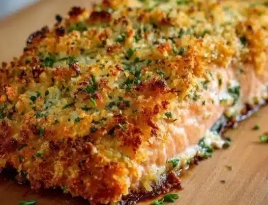 Crispy Parmesan Crusted Baked Salmon served on a plate with lemon and herbs