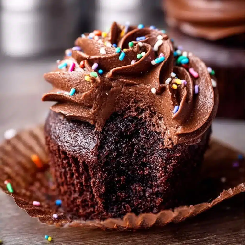 Delicious double chocolate cupcakes topped with rich chocolate frosting