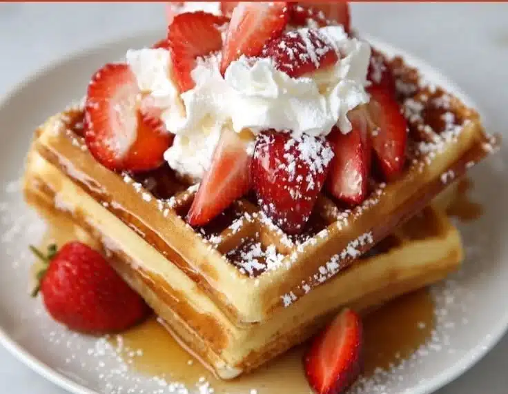 Delicious homemade easy Belgian waffles served on a plate with syrup