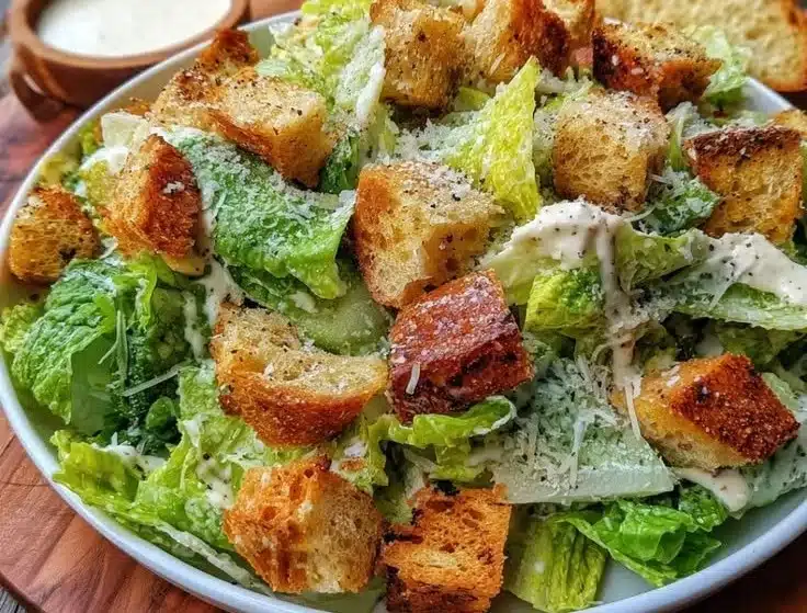 Easy Caesar salad with romaine lettuce, croutons, and creamy dressing