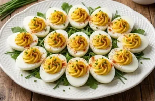 Easy deviled eggs recipe featuring stuffed eggs with creamy filling.